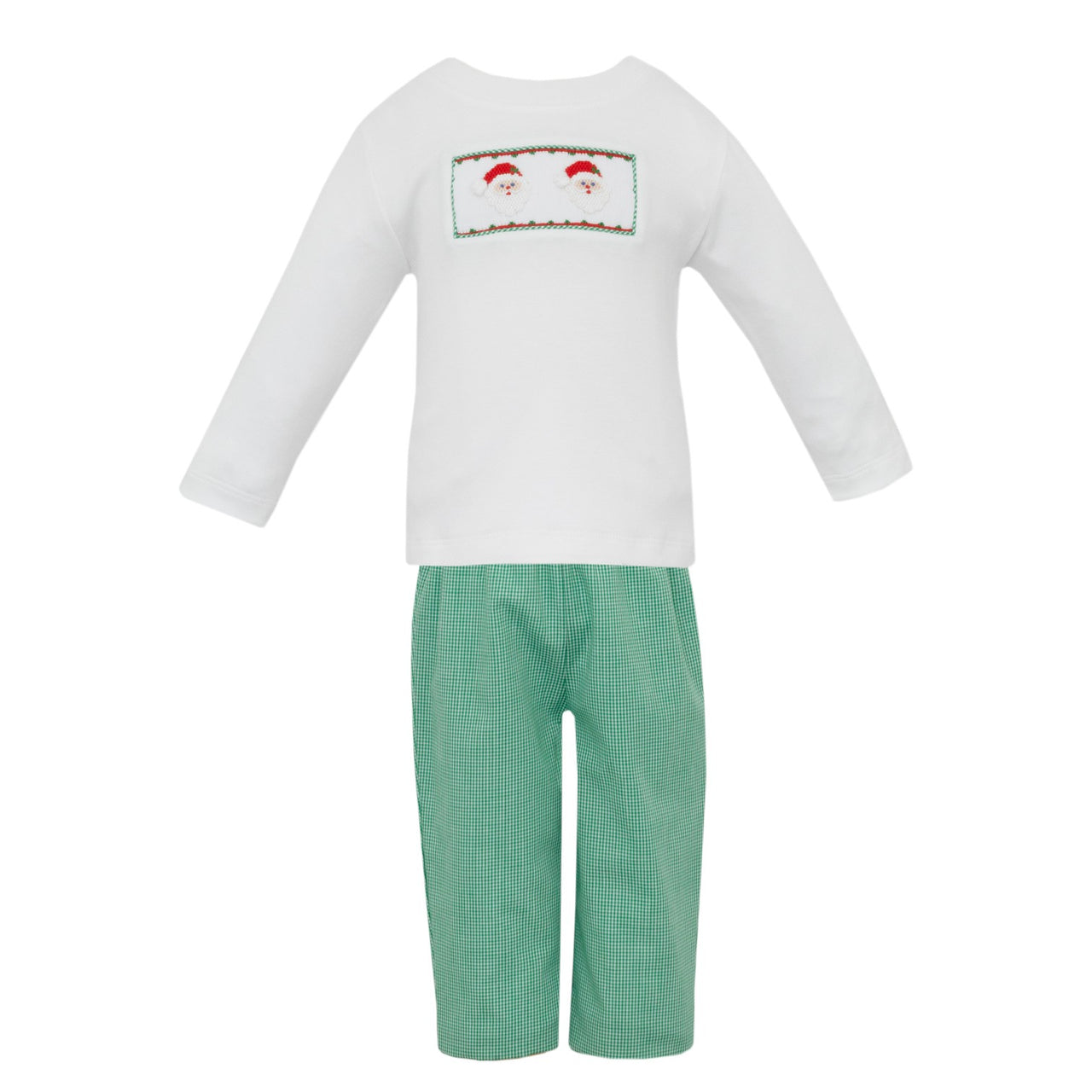 Petit Bebe Santa Face Boy's White Knit T-Shirt & Green Gingham Long Pants 141PB/PL-MH25 5210