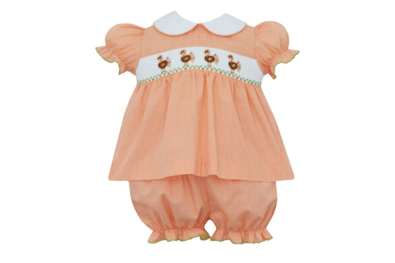 Petit Bebe Orange Turkey Girl's Orange Microcheck Bloomer Set W/Blouse 124C-MF25 5208