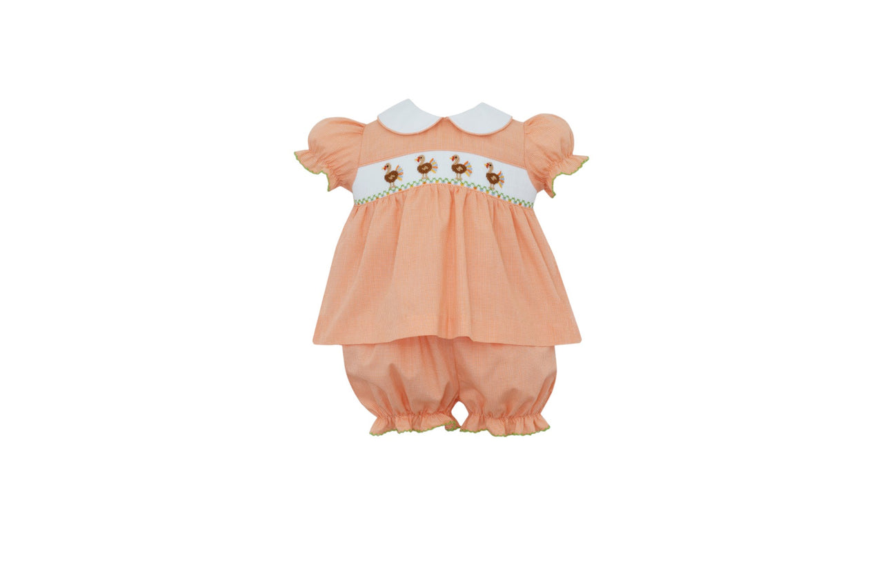 Petit Bebe Orange Turkey Girl's Orange Microcheck Bloomer Set W/Blouse 124C-MF25 5208