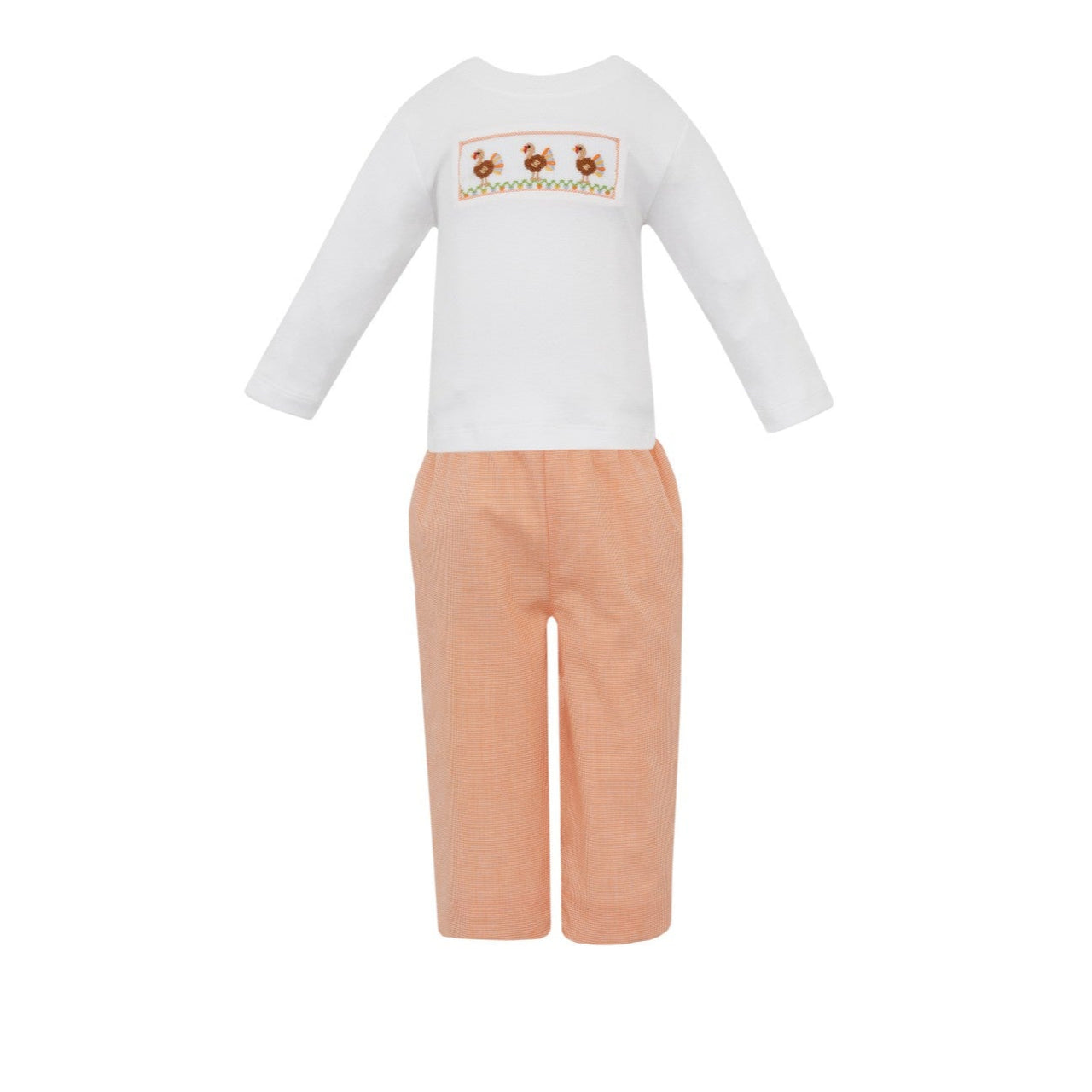 Petit Bebe Boy's White Knit T-Shirt Turkey W/Orange Microcheck Boy's Long Pants 124PL/PB 5208