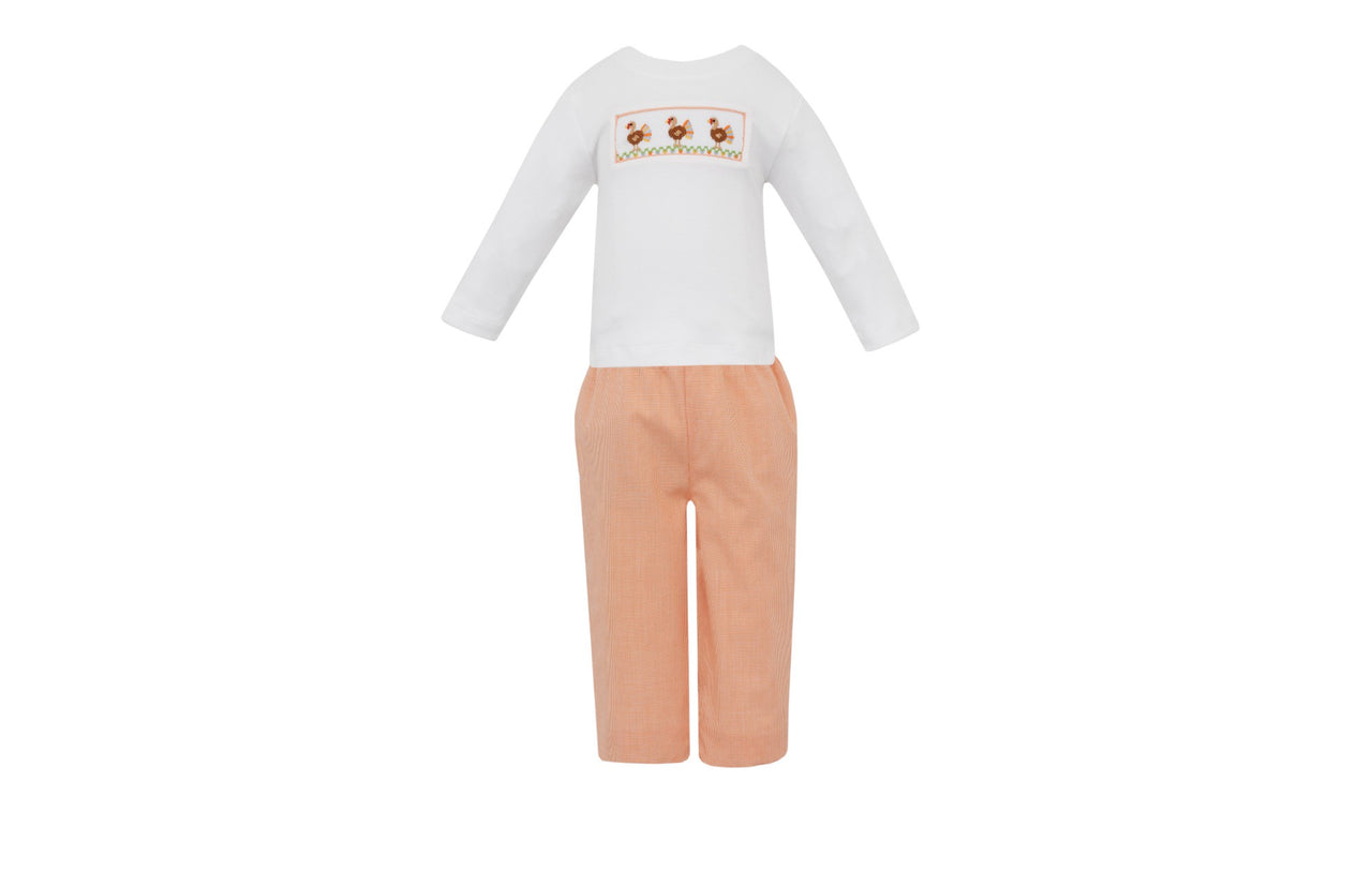 Petit Bebe Boy's White Knit T-Shirt Turkey W/Orange Microcheck Boy's Long Pants 124PL/PB 5208