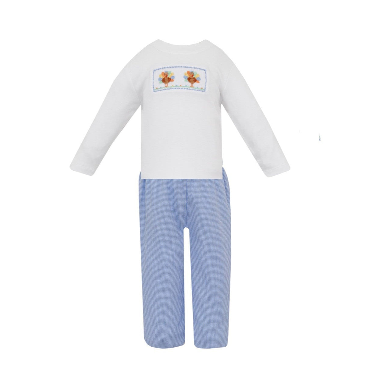 Petit Bebe Turkey Boy's White Knit T-Shirt & Blue Gingham Long Pants 5208