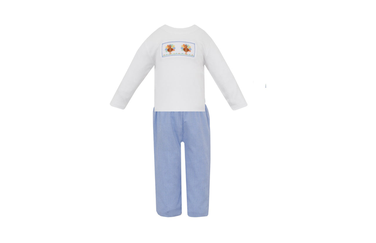 Petit Bebe Turkey Boy's White Knit T-Shirt & Blue Gingham Long Pants 5208