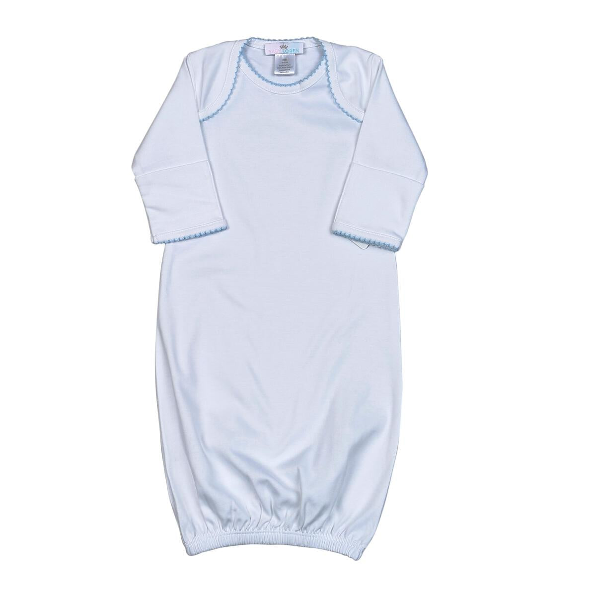 Baby Loren White Pima Gown Blue Trim WBG-019