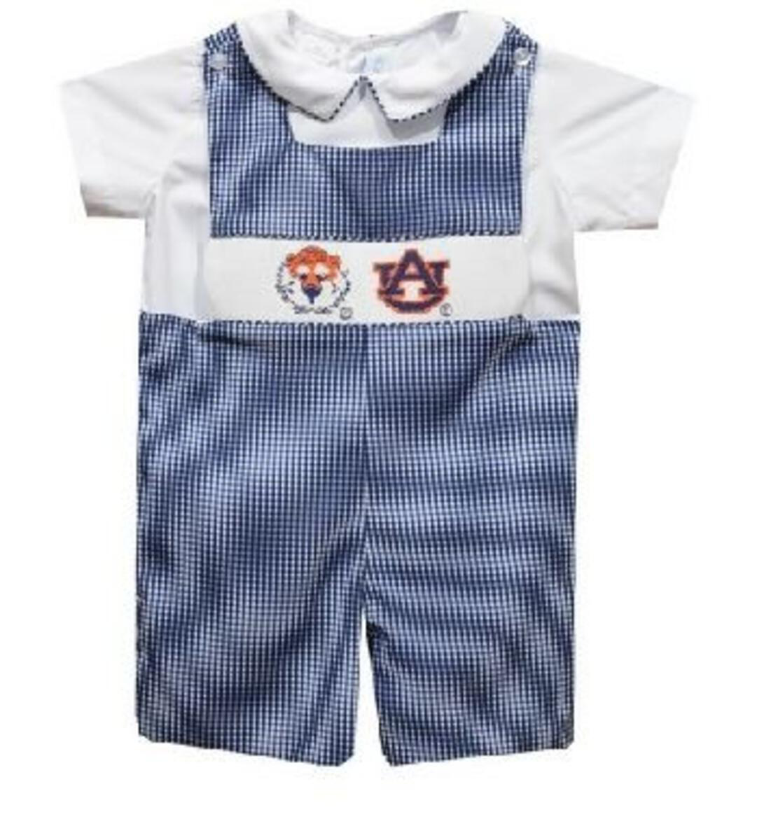Vive La Fete Auburn Tigers Smocked Navy Gingham Jon Jon and short Sleeve White Shirt NAU_BSJJ02U 5007