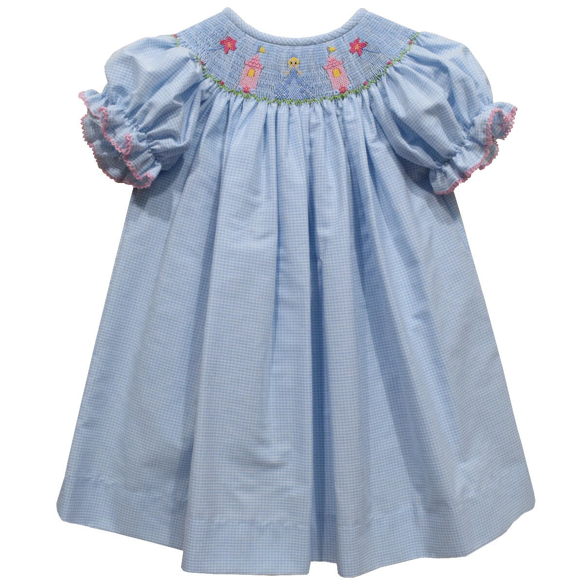 Vive La Fete Princess Smocked Light Blue Check Short Sleeve Dress 5102