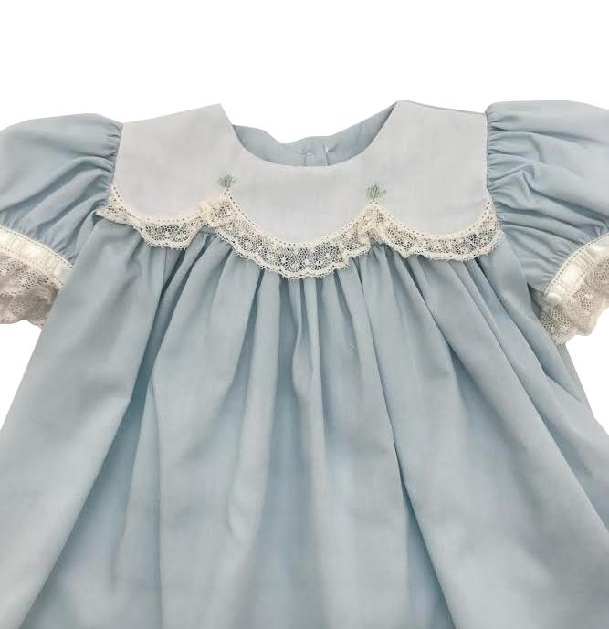 Treasured Memories Blue Dress w/ Blue Rosettes & Ecru Lace/Ribbon 1902 BL/EC