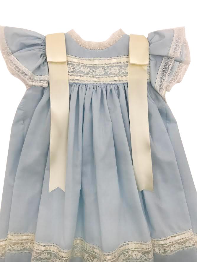 Treasured Memories Blue Angel Sleeve Dress w/ Ecru Lace & Ribbon Insert/Shoulder Ribbons5008 S1823BL BL/EC