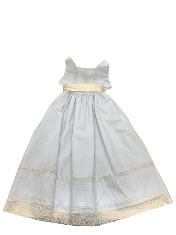 Treasured Memories White Sleeveless Dress W/Ecru Lace & Ecru Ribbon Bow Tie at Waist S2837