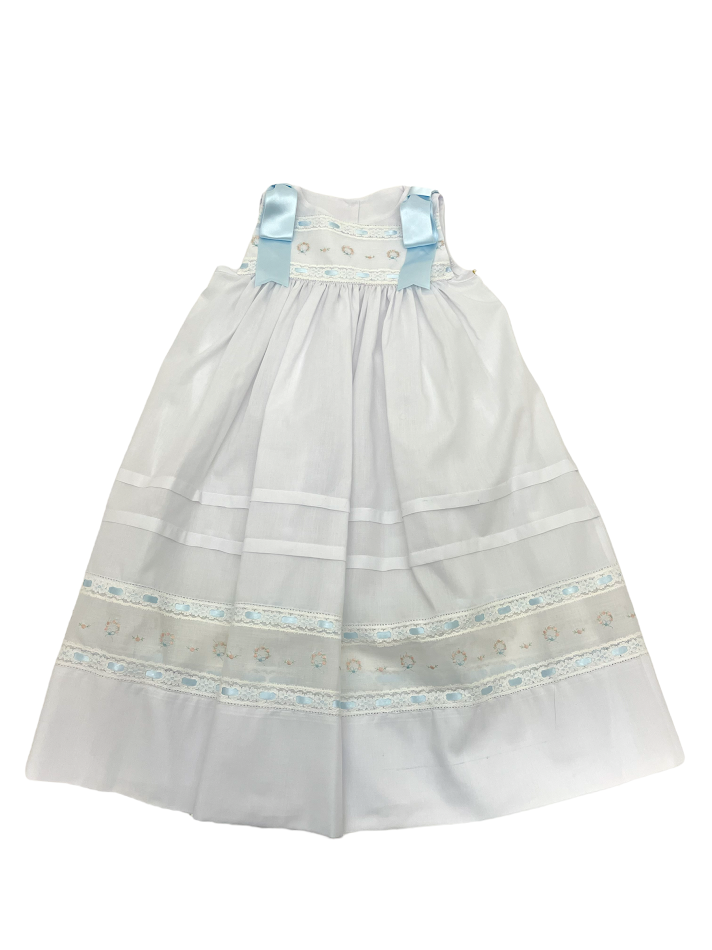 Treasured Memories White Sleeveless Dress WEcru Lace & Blue Ribbon Floral Wreath Embroidery S2847