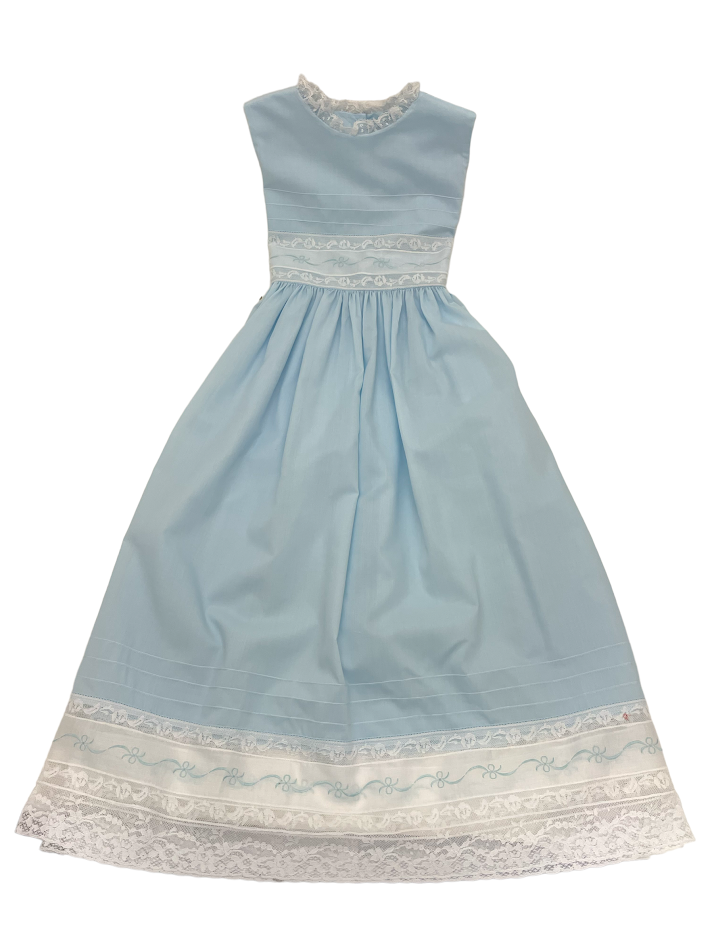 Treasured Memories Blue Sleeveless  Dress W/White Lace & Ribbon S2839