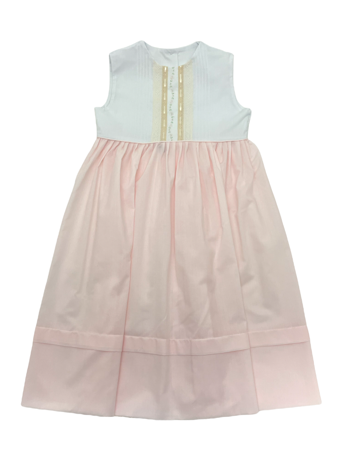 La Jenns Pink & Ivory Sleeveless Dress W/Ecru Lace & Ribbon W/Pink Floral Emb M707