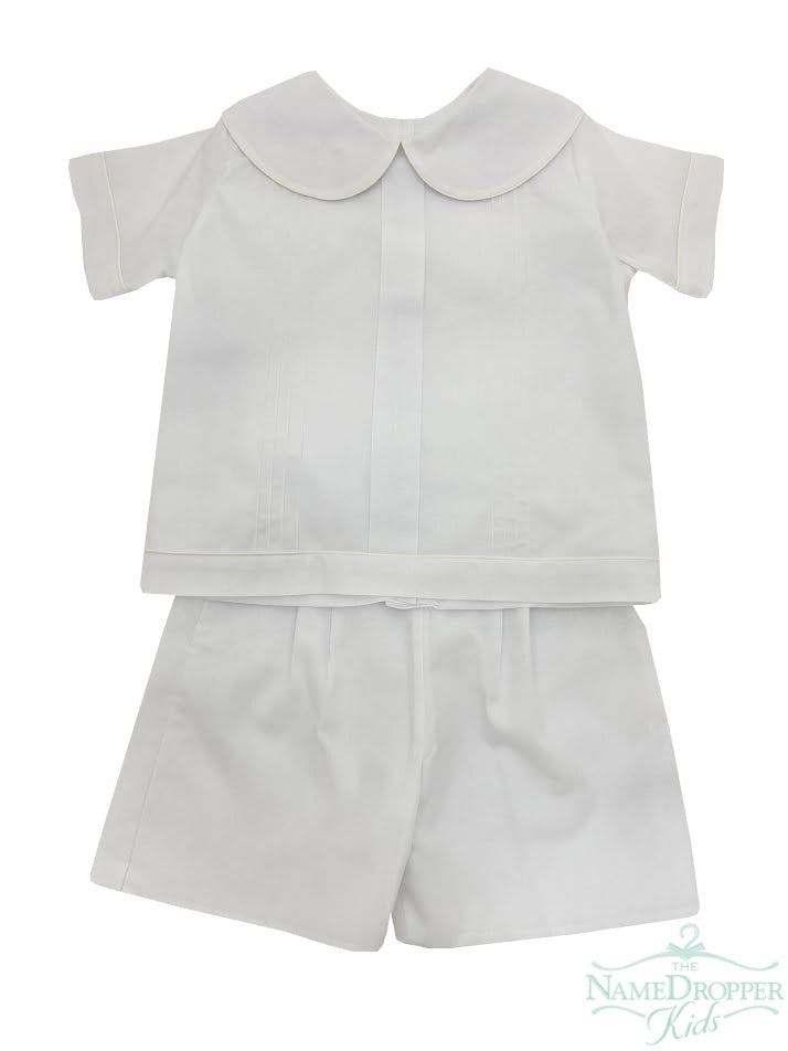 Treasured Memories Boys 2pc Short Set White W/Ecru Piping Tucks on shirt S2310