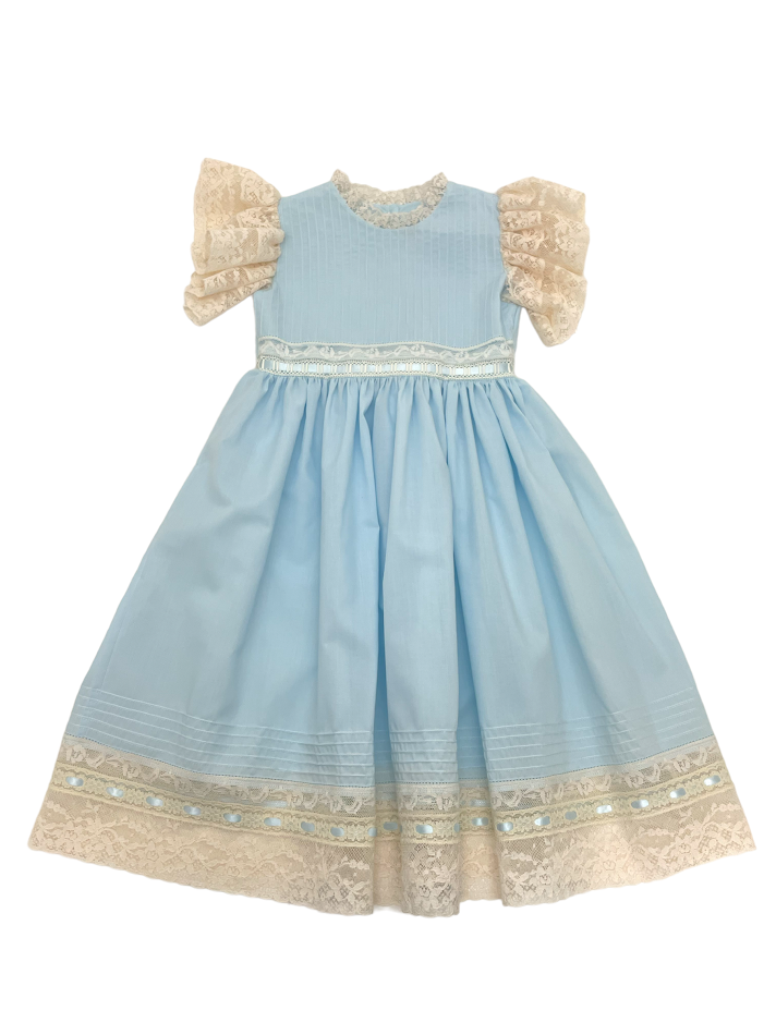 Treasured Memories Blue Dress W/Ecru Lace & Blue Ribbon, Ecru Lace Angel Wing Sleeves S2832