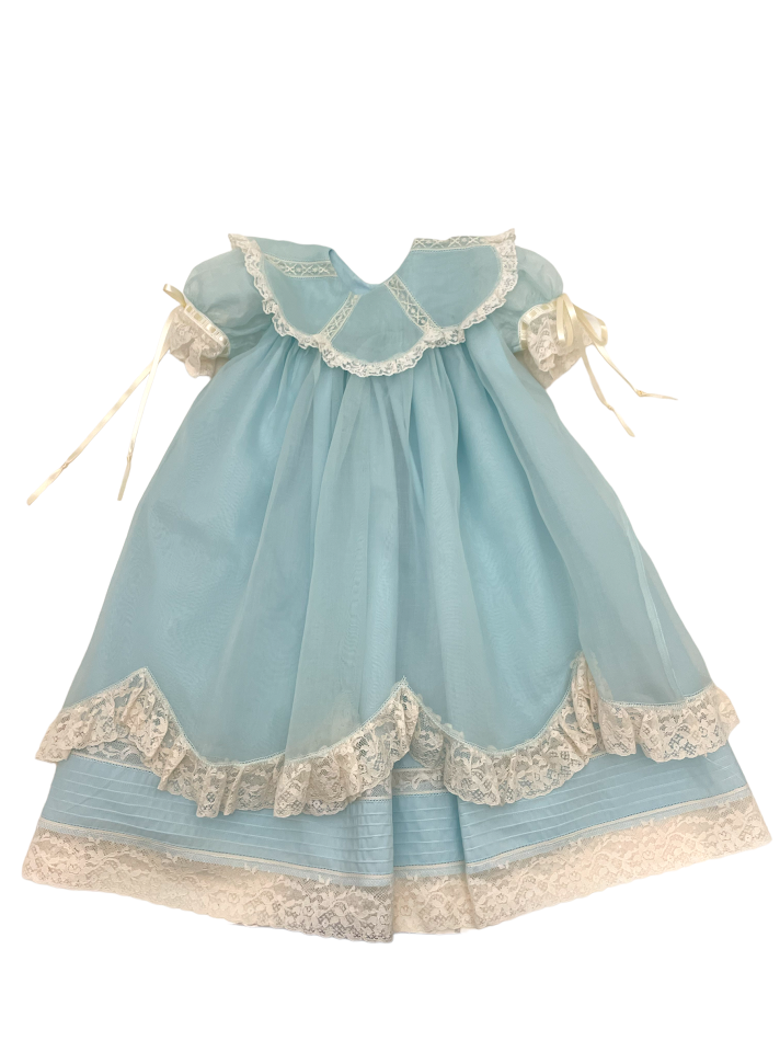 Treasured Memories Aqua Organdy Dress W/Ecru Ribbon & Lace S2833