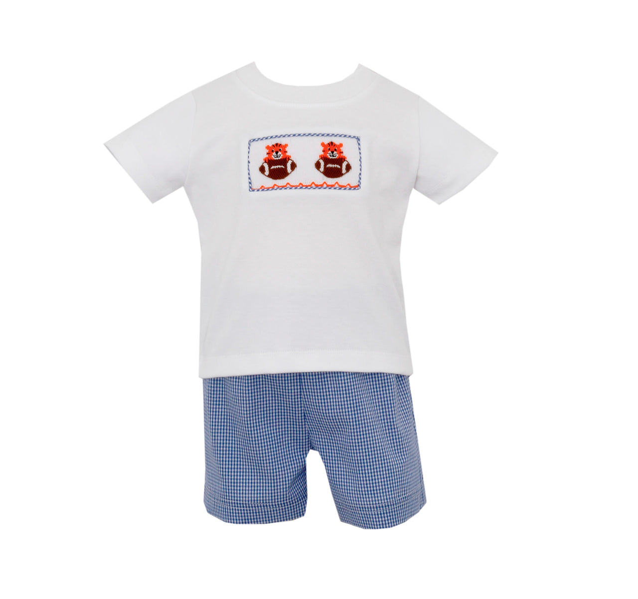 Petit Bebe Tiger Boy's Diaper Set S/S White T-Shirt W/Royal Blue Gingham Diaper/Shorts 130M-MF23 5007