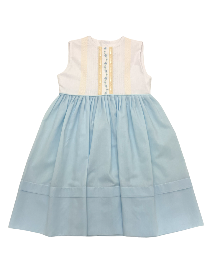 La Jenns White/Lt Blue Heirloom Dress W/Ecru Lace &Ribbon  Blue Floral Emb M720