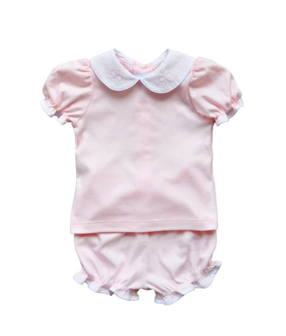Auraluz Girl 2pc Pink Knit Bloomer set W/Bow Shadow Embroidery on White Collar 6820GPKOL