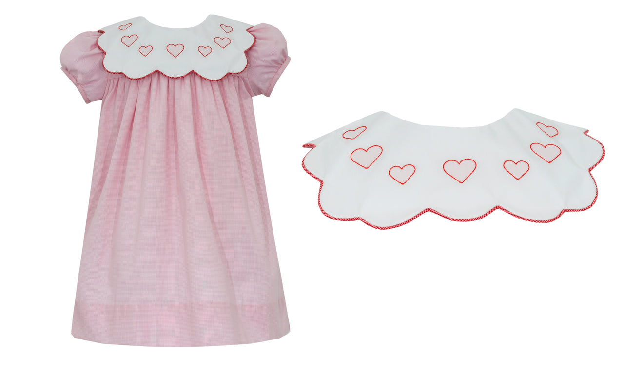 Anavini Girl's Dress W/Square Collar Pink Gingham Heart Shadow Embroidery 205D-BF23 5012