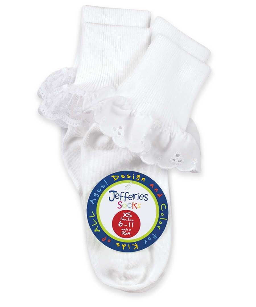 Jefferies Socks Sister Eyelet & Fancy Lace Turn Cuff Socks 2 Pair Pack 2152