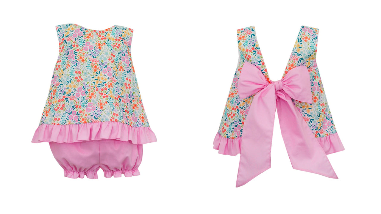 Claire & Charlie Spring Flowers Pink Floral Print Swing Top Bloomer Set 3011C-CS24 5102