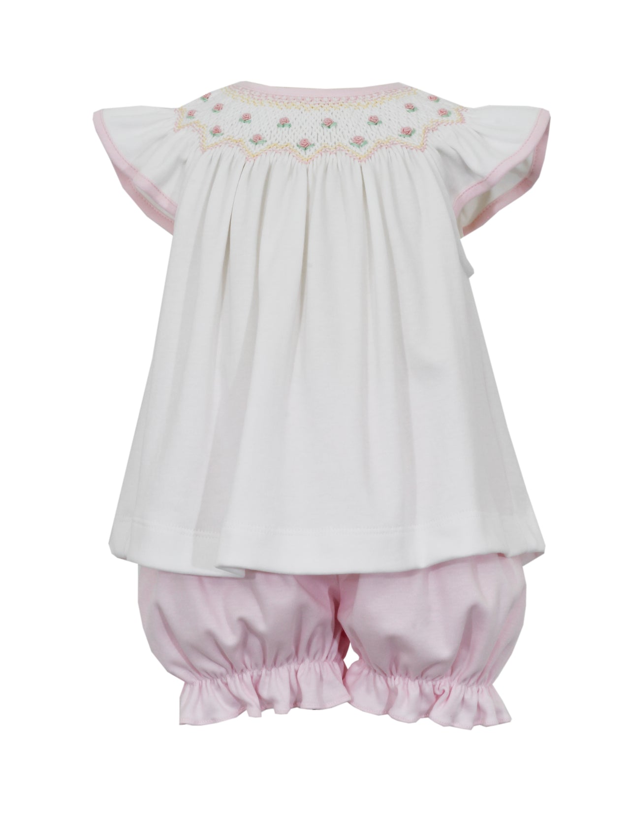 Petit Bebe Kate white Knit Sleeveless Bishop Bloomer Set W/Pink smocking 400C-MS24 5101