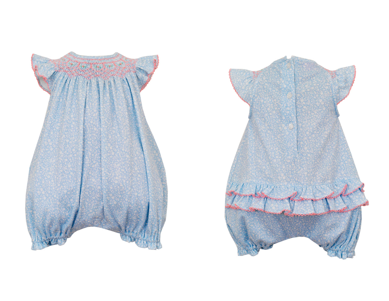 Petit Bebe Emma Lt Blue Floral Print Knit Sleeveless Girl's Romper W/Ruffles On back 403F-MS245102