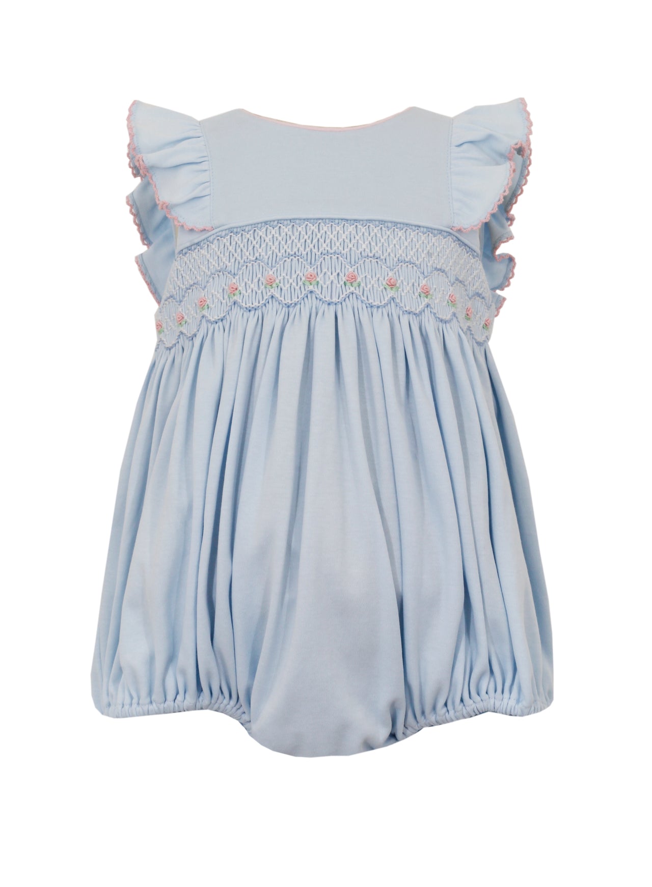 Petit Bebe Lucia Lt Blue Knit Sleeveless Girl's Bubble W/Pink Smocking 406F-MS24 5012