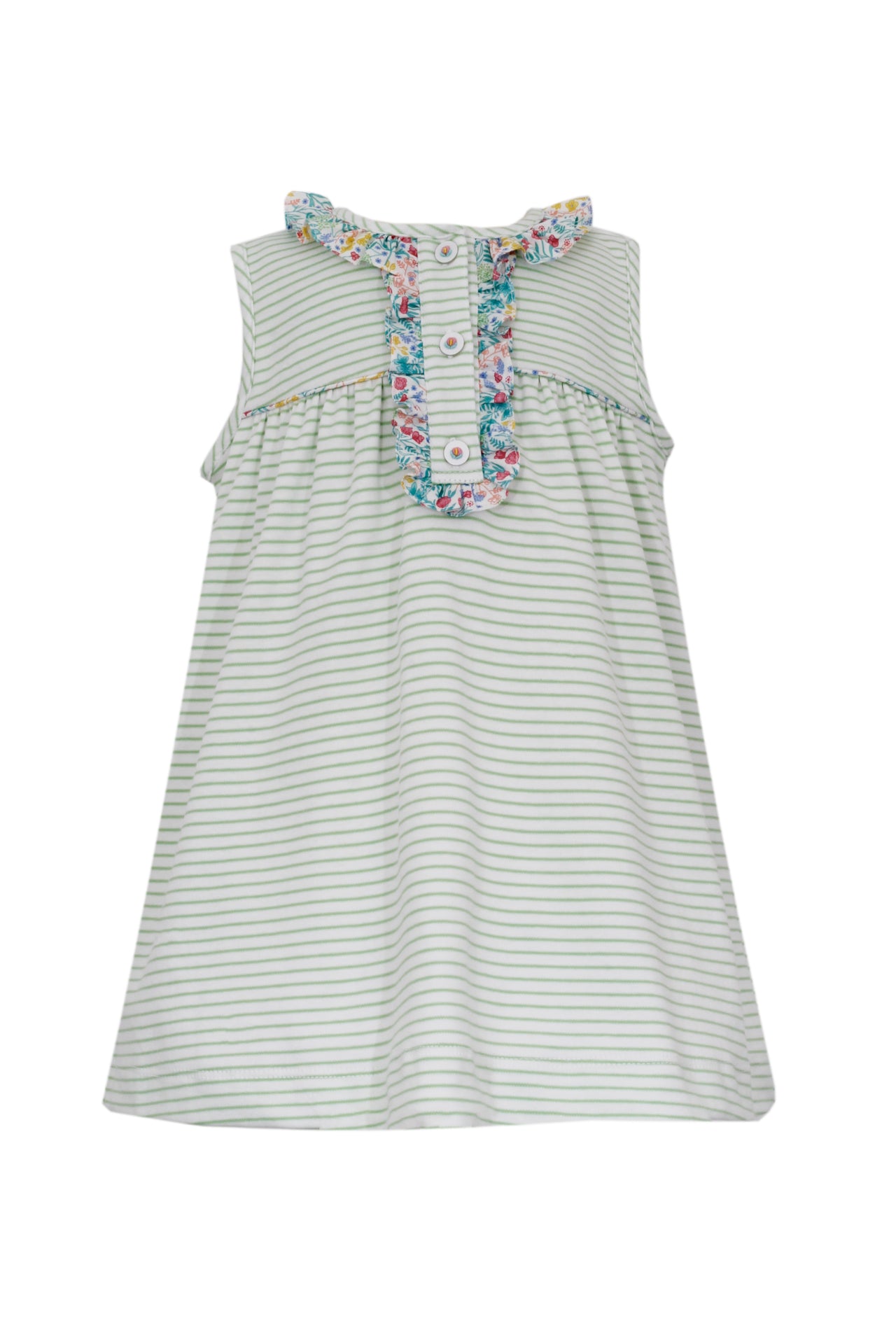 Petit Bebe Chloe Pastel Green Knit Stripe W/Pink and Green Floral Trim Sleeveless Dress 414D-MS24 5012