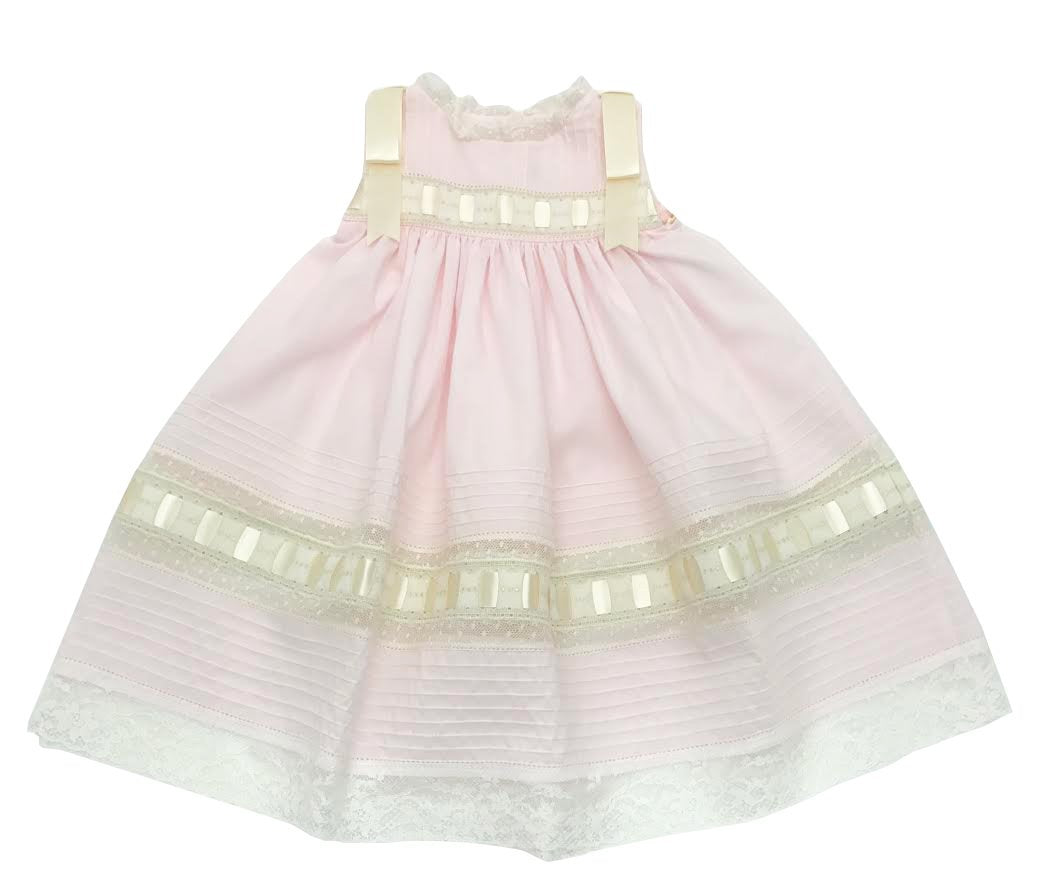 Treasured Memories Pink Sleeveless Dress w/ Ecru Lace & Shoulder Ribbons S1018 Pk/Ec/Ec