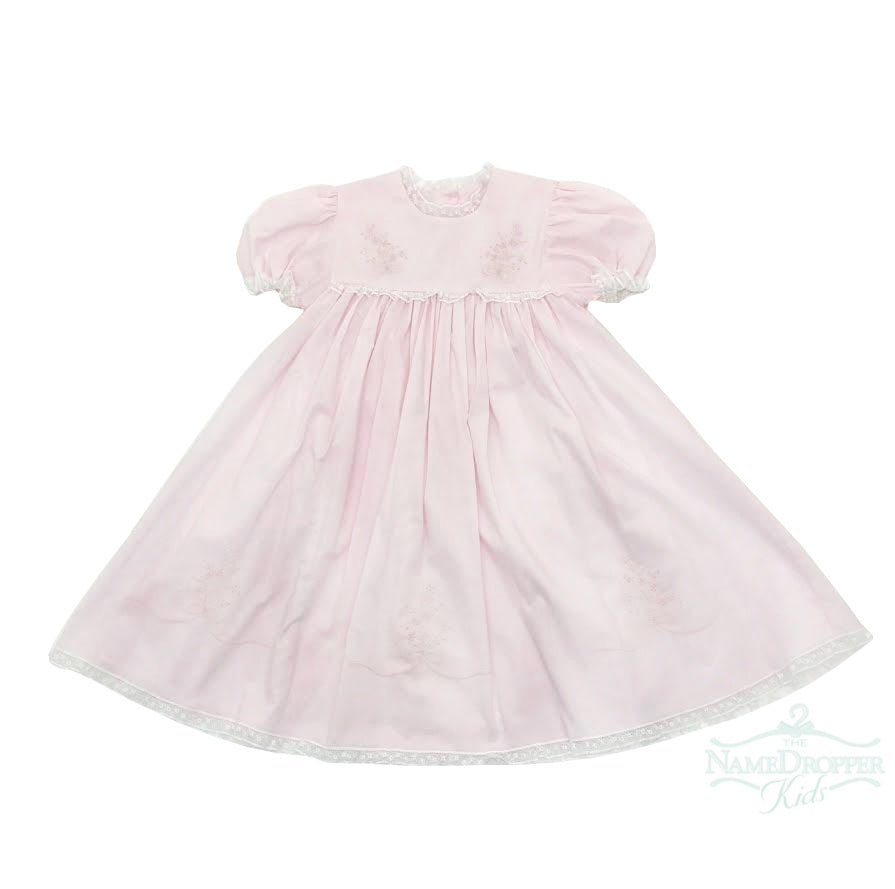Auraluz Pastel Pink Puff Sleeve Dress w/ White Lace, Floral Embroidery & Pink Slip Under Dress