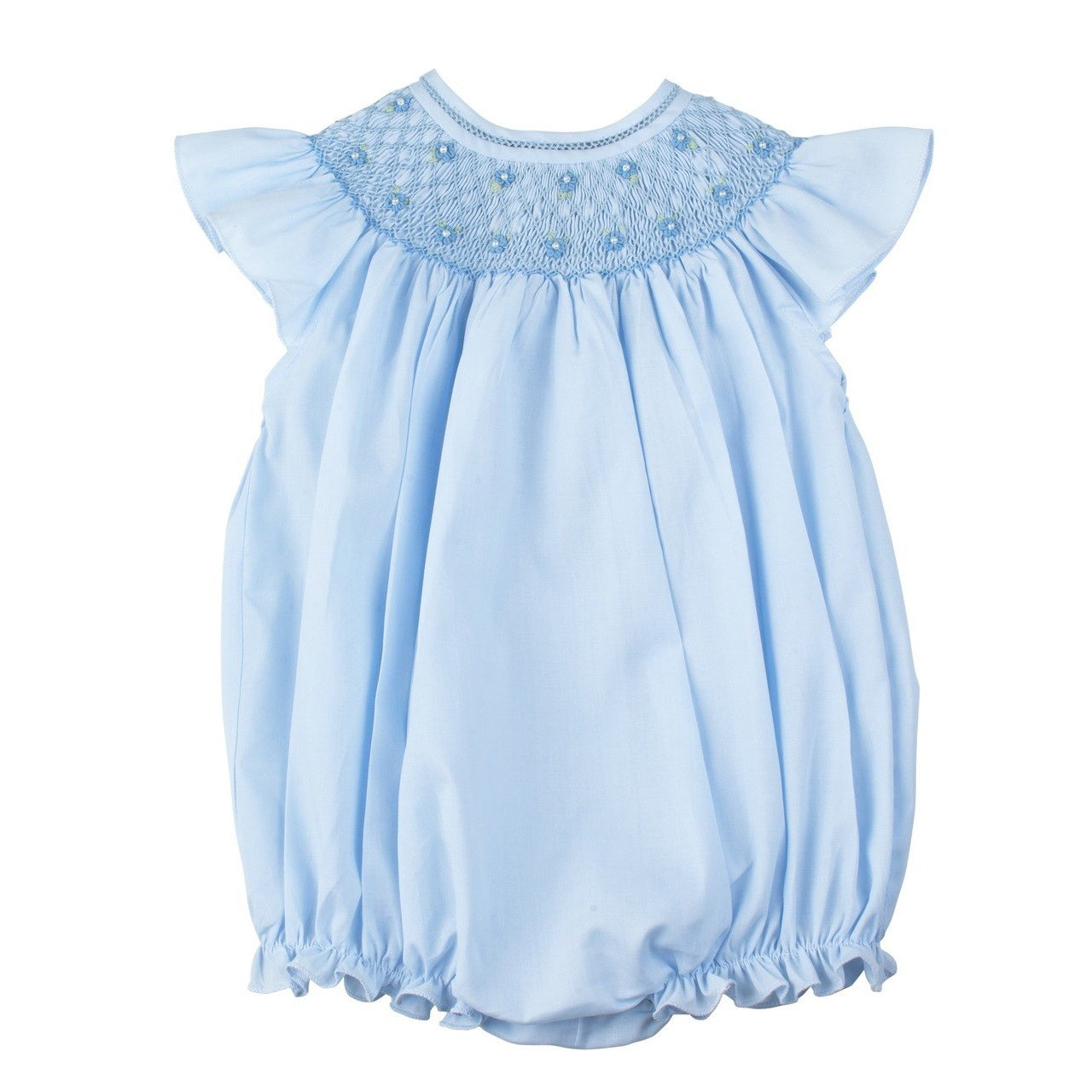 Feltman Brothers Blue Romper With Angel Sleeves Smocking and Pearls  785