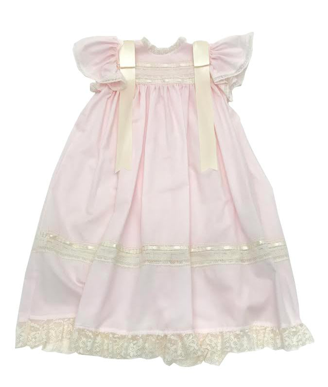 Treasured Memories Pink Angel Sleeve Dress w/ Ecru Lace & Ribbon 5008 S1823PK PK/EC