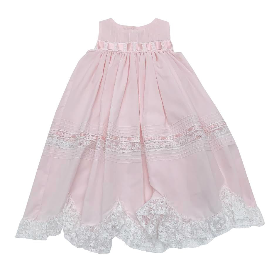 Treasured Memories Pink Sleeveless Dress w/ Pink Ribbon Insertion & White Lace 1908 4901PK/WH