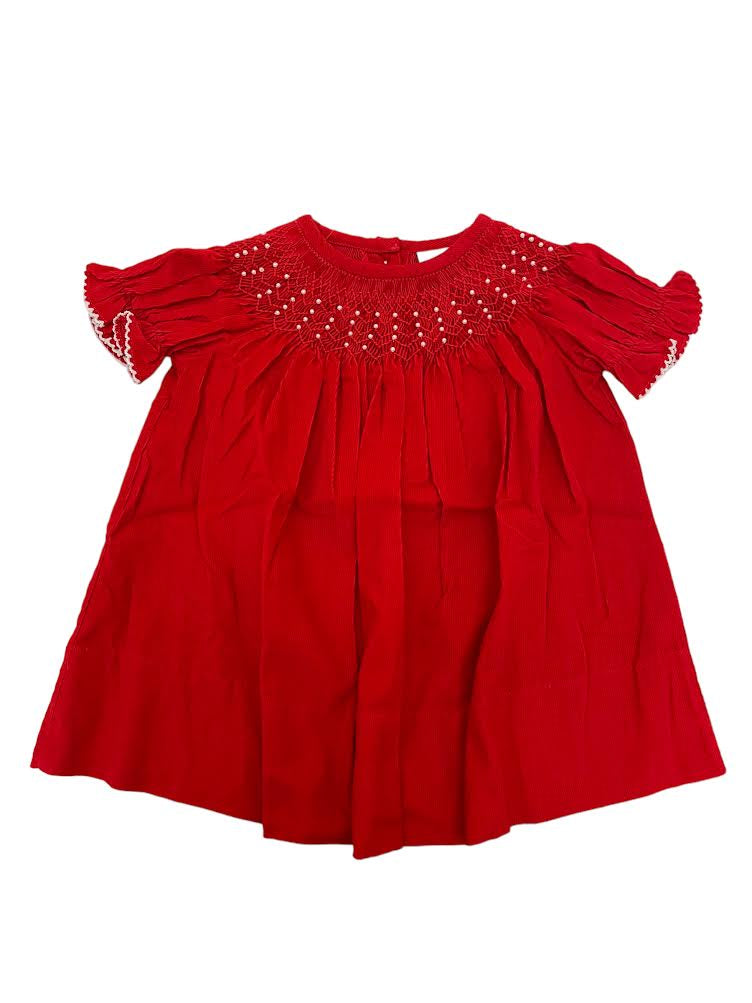 Delaney Girls Red SS Corduroy Smocked Pearl Bishop Dress 23 5008