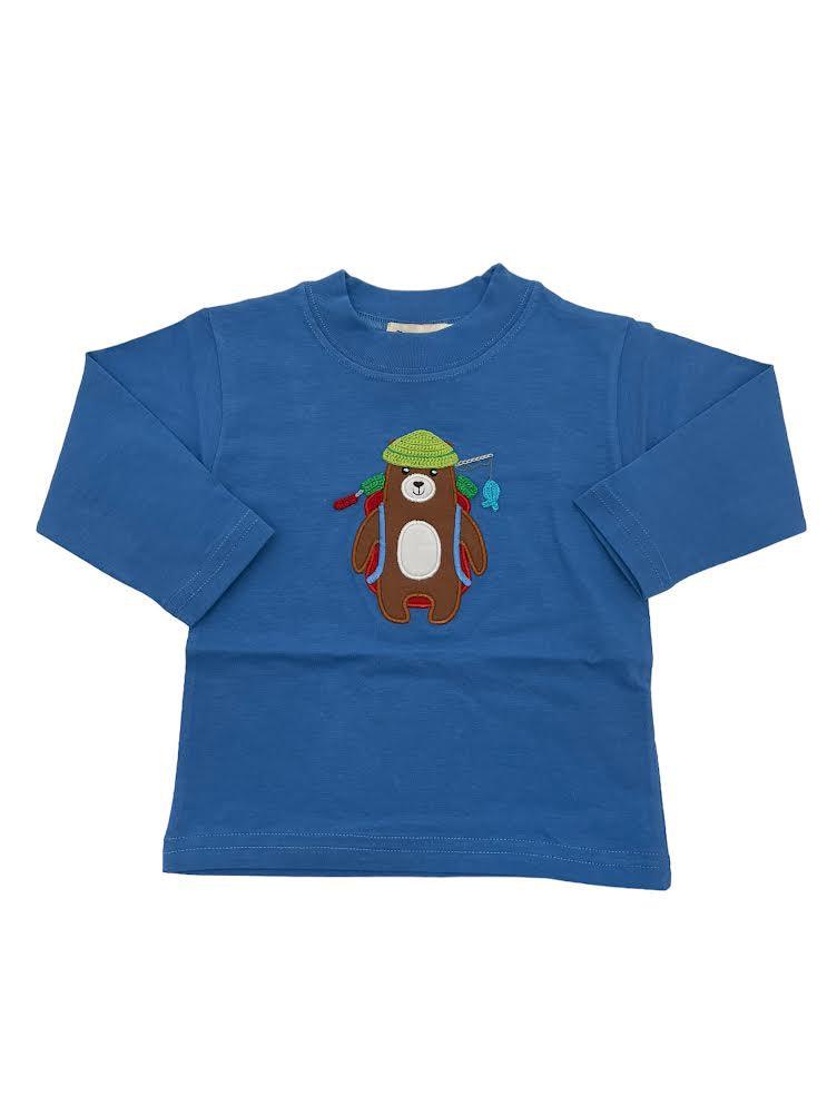 Luigi Boy's L/S T-Shirt Camping Bear W/Fishing Pole Med Chambray T002 5008