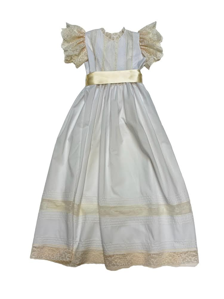 Treasured Memories White Dress W/Ecru Lace & Ribbon. Ecru Lace Sleeves Ecru Ribbon Waist Tie S2895 5011