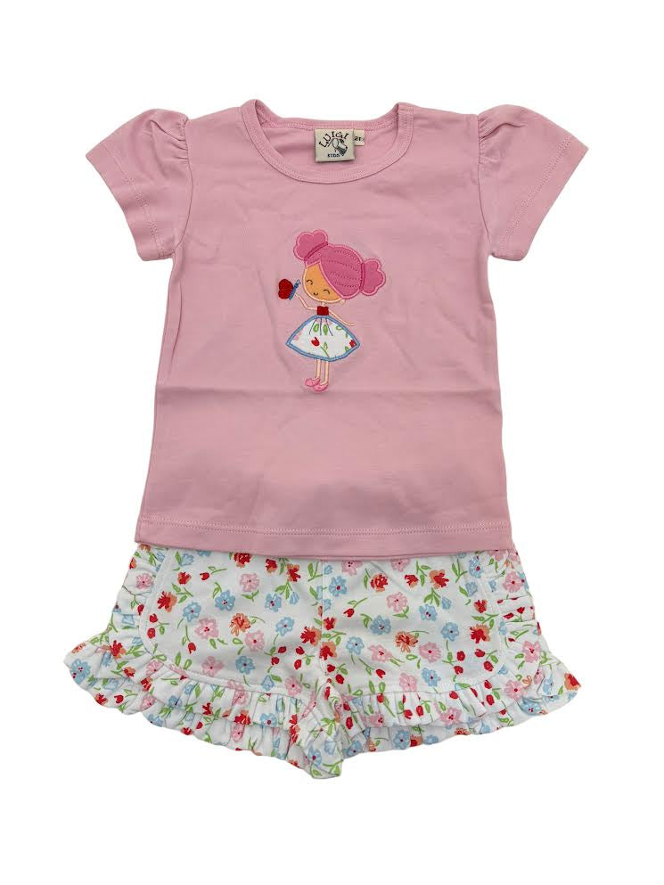 Luigi Girl T-Shirt W/Butterfly Light Pink & Flower Print Shorts W/Ruffle Trim ITS148-M4071/ISH103-1514 5012