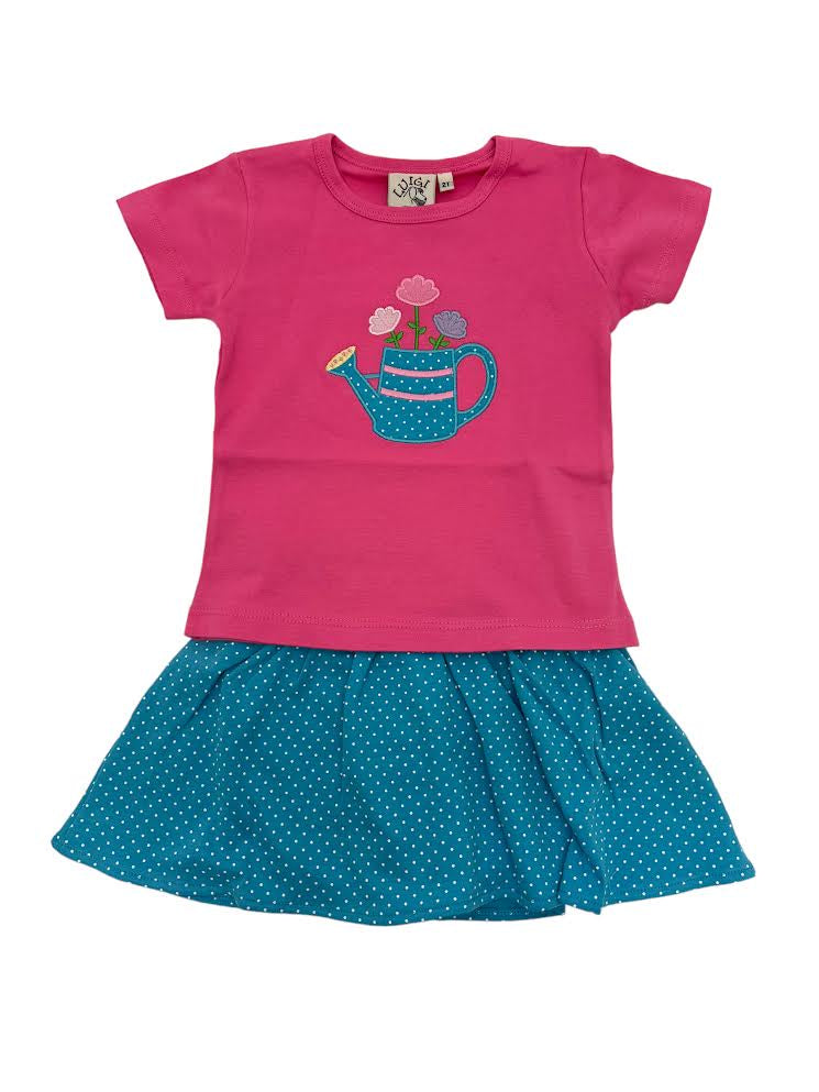 Luigi Girl T-Shirt Hot Pink Watering Can w/Flowers & Gathered Skort Turquoise W/White Dot ITS002-M4095/ISK016P-1036/84 5012