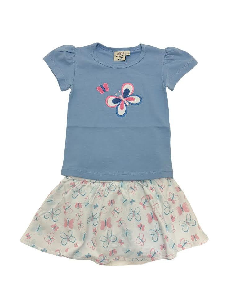 Luigi Girl T-Shirt Two Butterflies Sky Blue & Butterfly Printed Gathered Skort White ITS148-M4074/ISK016P-1515 5012