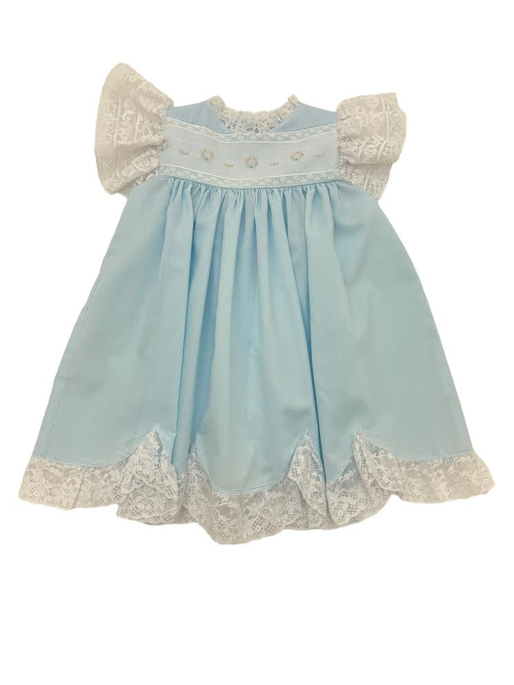 Treasured Memories Blue Dress W/White Lace Angel Sleeves & White Lace Scalloped Hem Floral wreath Embroidery S513 5101