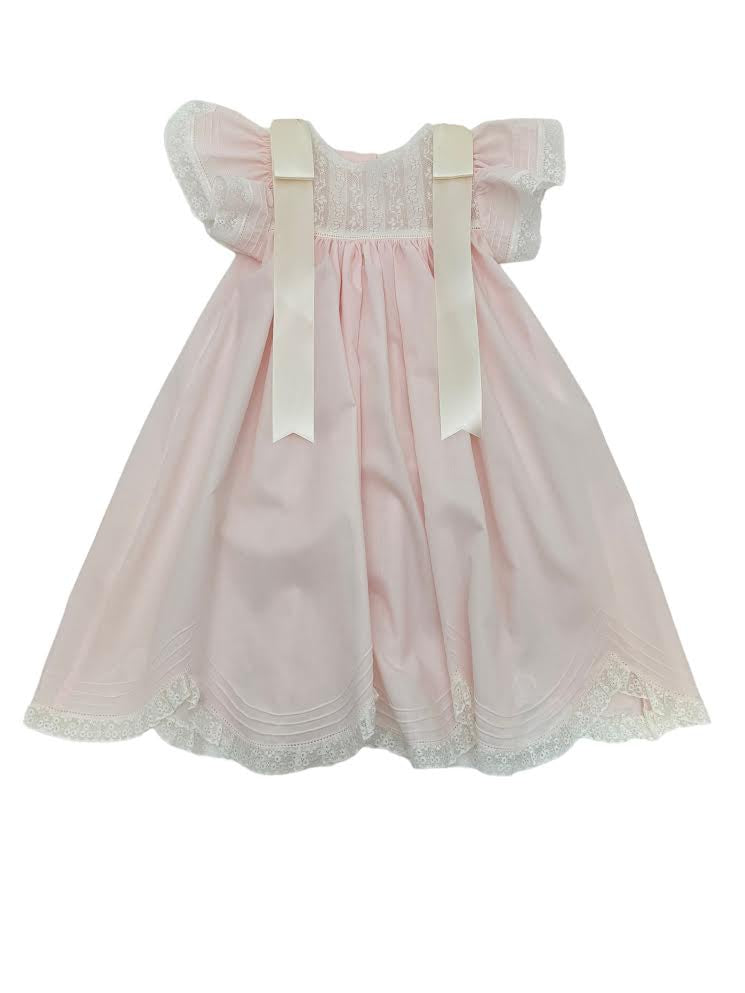 Treasured Memories Pink Dress W/Ecru Ribbon & Lace & Scalloped Lace Hem S505