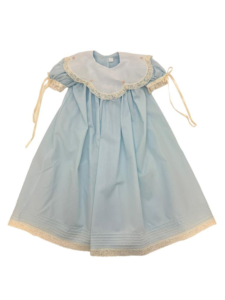 Treasured Memories Blue Scalloped Collar Dress w/ Blue Rosettes & Ecru Lace/Ribbon 1902 BL/EC