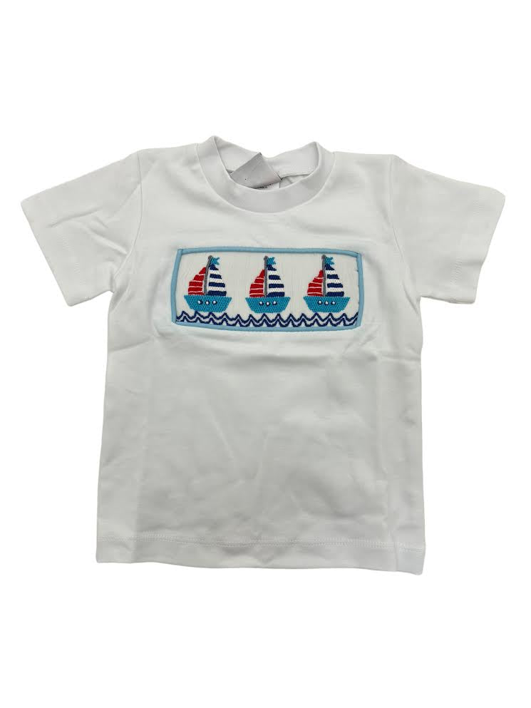 Delaney Boys White Knit Smocked Sailboat T-Shirt 132 5101