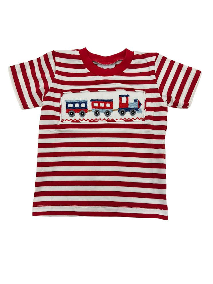 Delaney Boys Red White Stripe Knit T-Shirt Smocked Train 177 5101