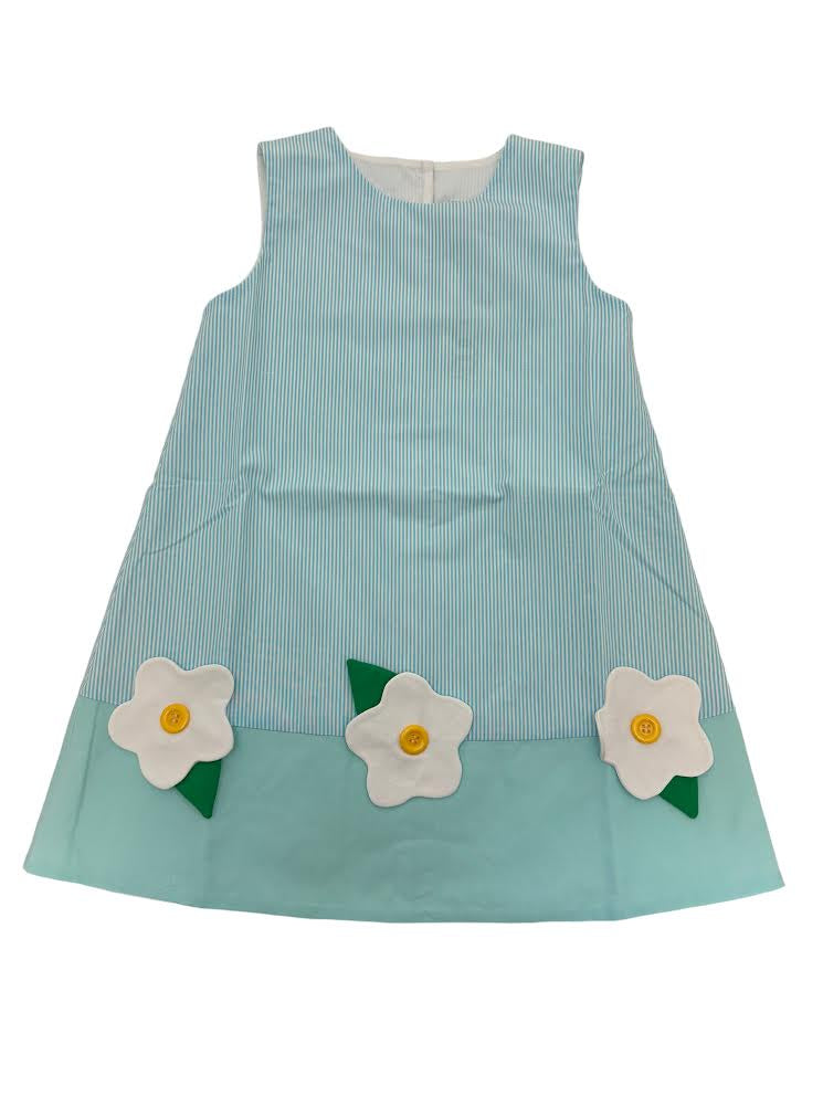 Delaney Girls White Blue Mini Stripe Aline Dress Applique Daisy hem 178 5101