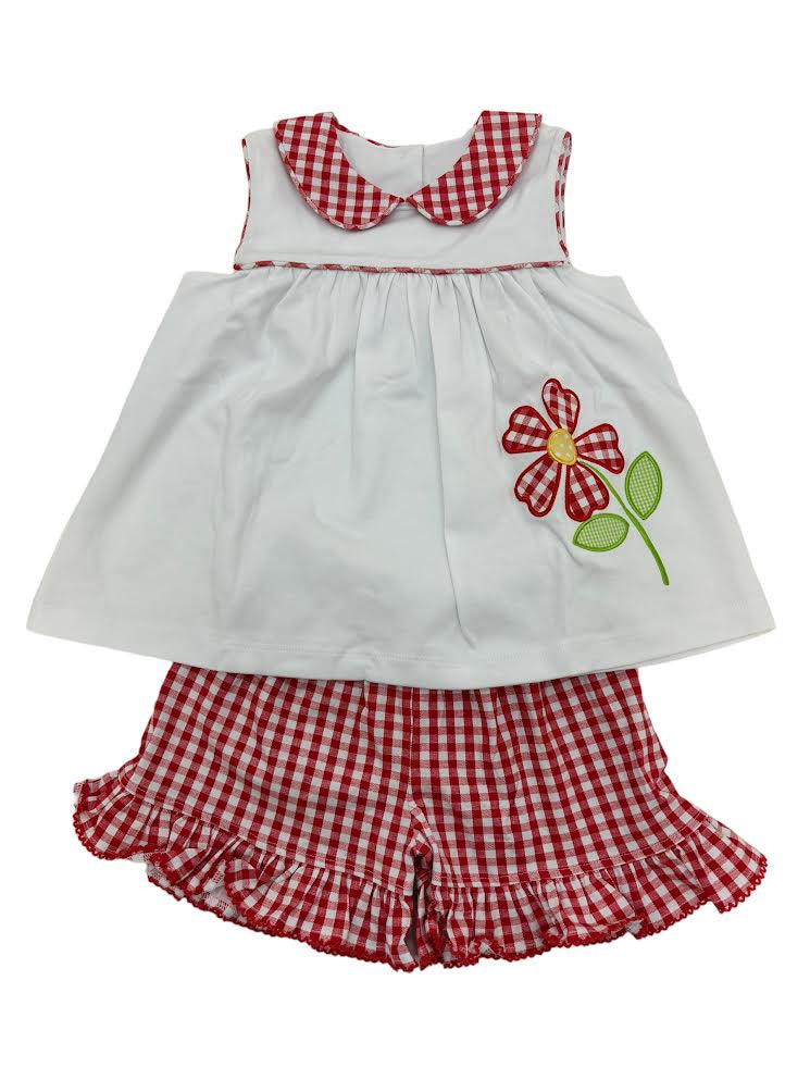 Delaney Girls White top/Short red Check Collar and Flower Applique 161 5101