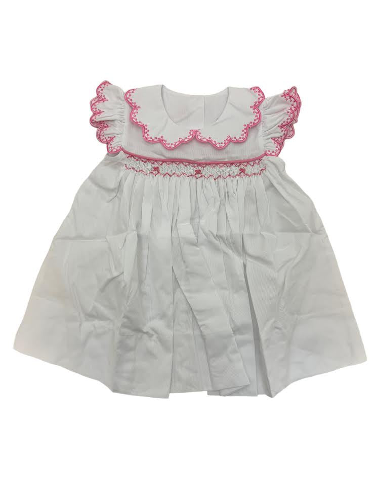 Delaney Girls White Pique Dress/Pink Picot Edge Ruffle Collar & Sleeve 96 5101