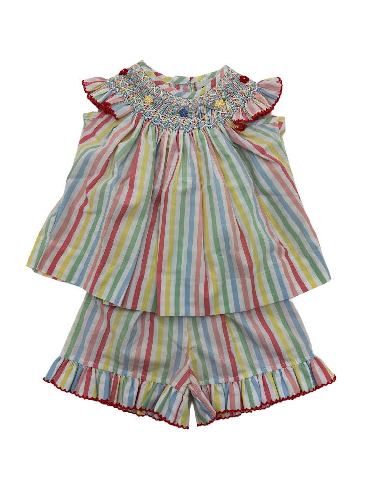 Delaney Girls Primary Color stripe AW Smocked Geo/Flower Short set 141A 5101