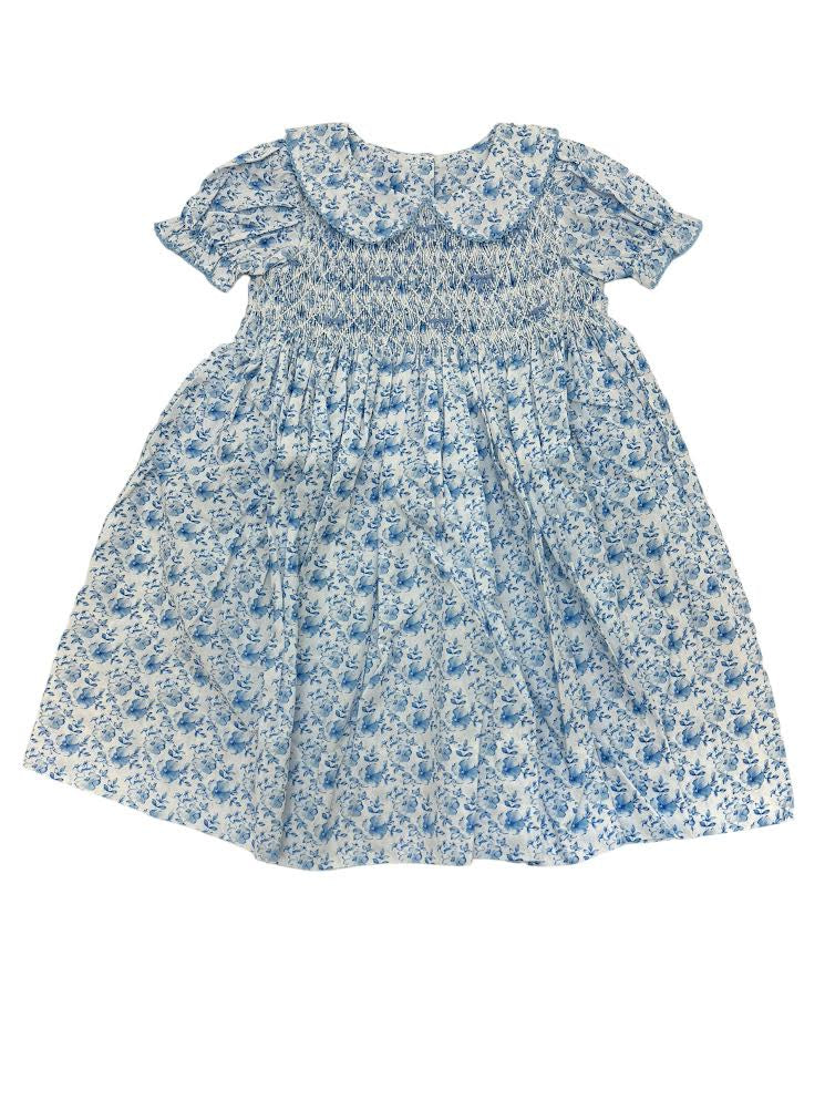 Delaney Girls Blue White Floral Full Smocked Bodice Collar SS Dress 15 5101